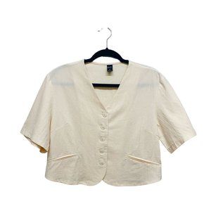 DAZY Cropped Cream Button Up Retro Short Sleeve Blouse 100% Cotton Size X-LARGE